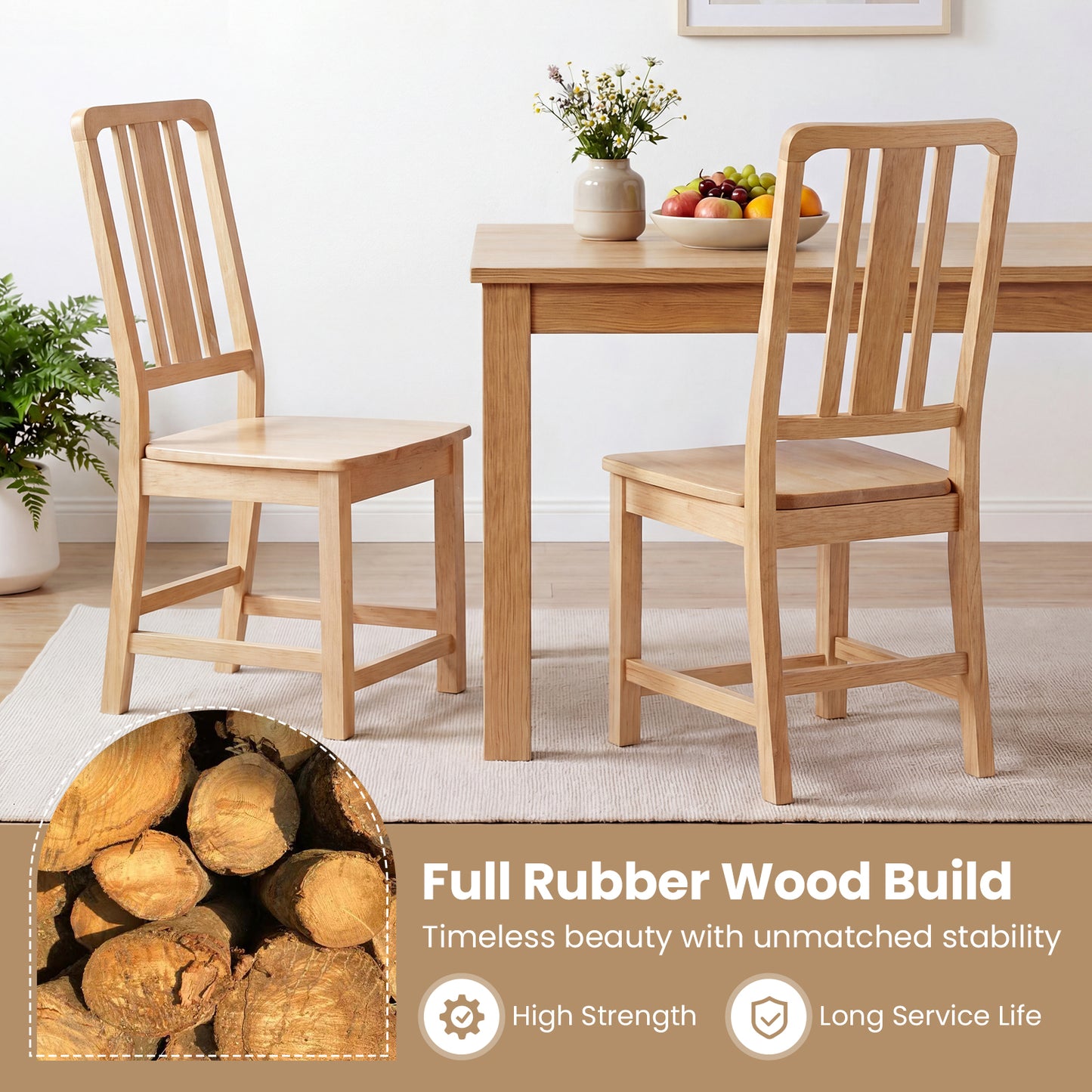 Rubber Wood Dining Chairs, Set of 2, Hollowed Backrest, Natural Dining Chairs at Gallery Canada