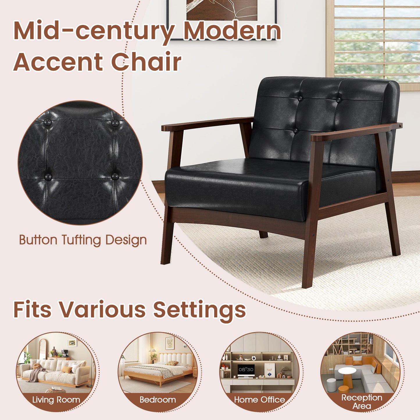 Rubber Wood Frame Accent Chair with Armrest for Living Room, Black Accent Chairs at Gallery Canada