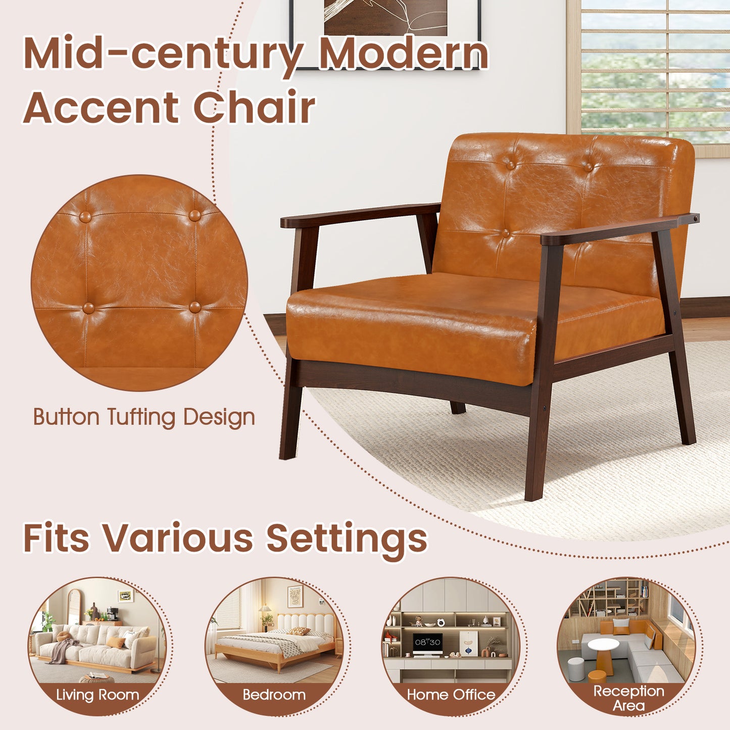 Rubber Wood Frame Accent Chair with Armrest for Living Room, Walnut Accent Chairs at Gallery Canada