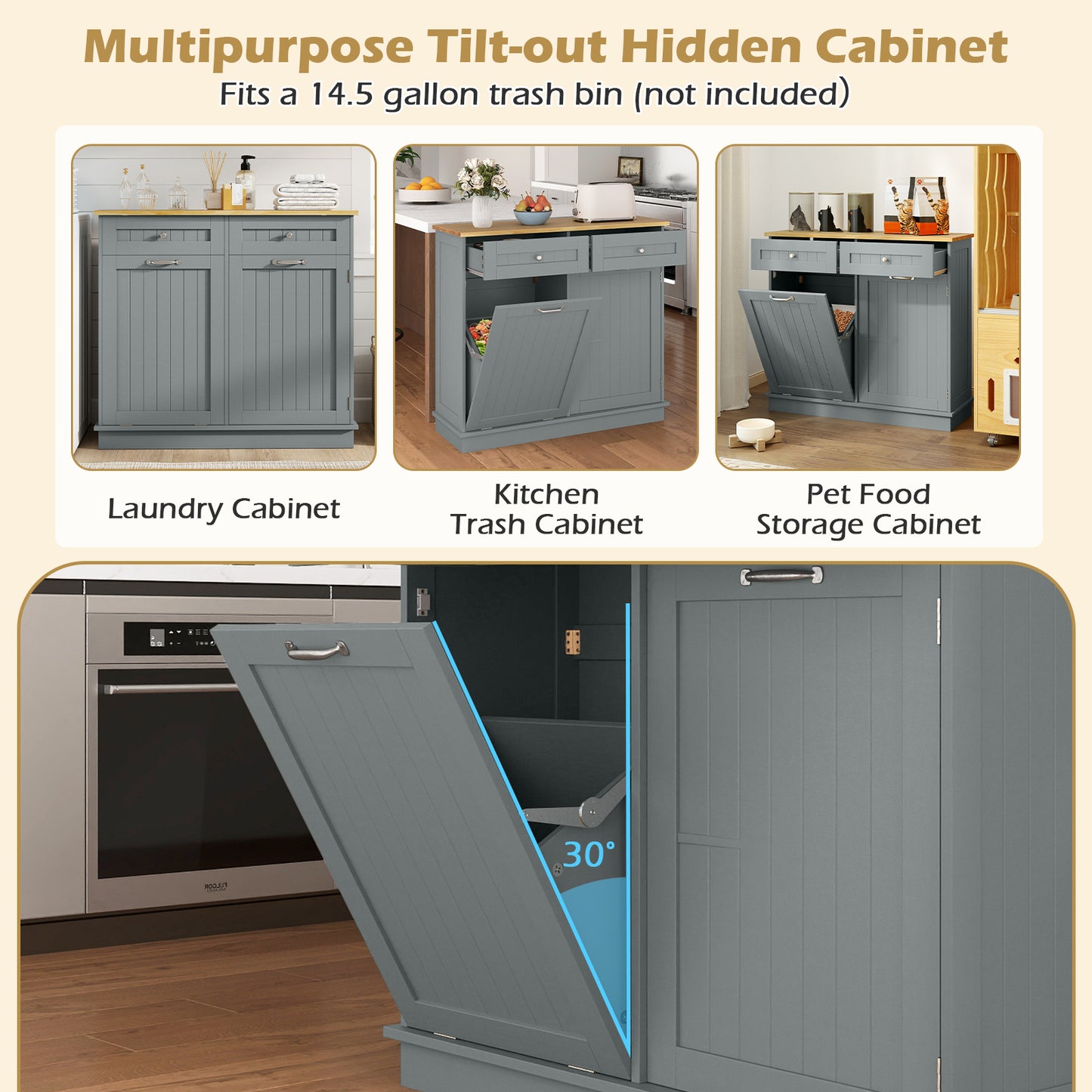 Rubber Wood Kitchen Trash Cabinet, Single Can Holder, Adjustable Shelf, Gray Sideboards Cabinets & Buffets at Gallery Canada