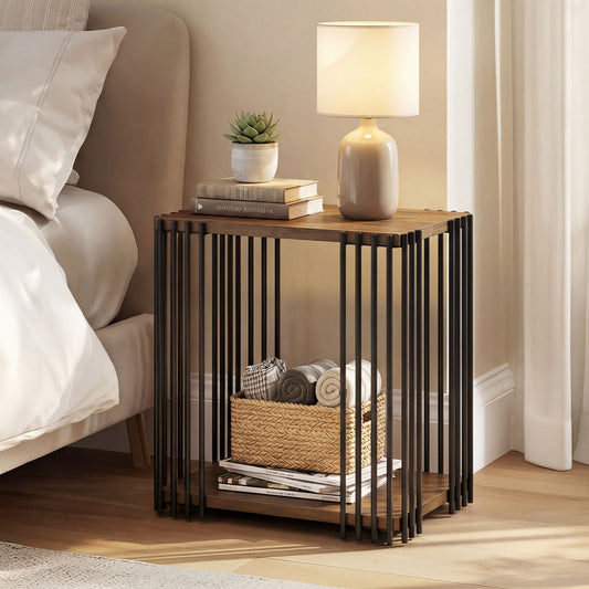 Rubber Wood Side Table with 2-Layer Storage Shelves and Metal Frame, Walnut End & Side Tables Walnut at Gallery Canada