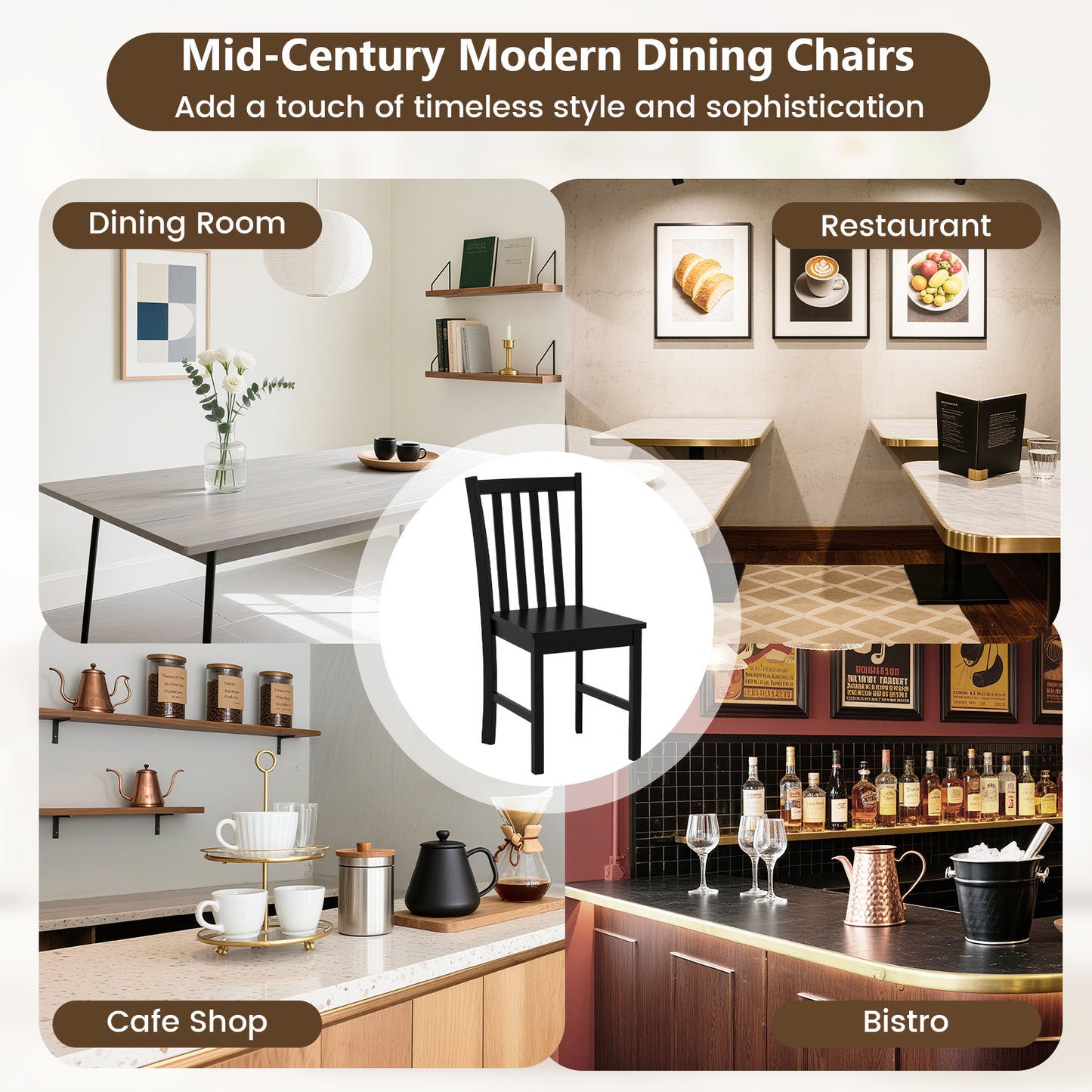 Rustic Wooden Dining Chairs, Set of 2, Slat Tilt Backrest, Black Dining Chairs at Gallery Canada
