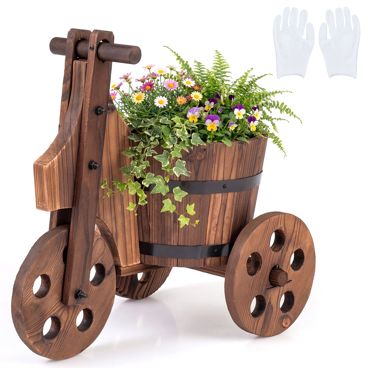 Rustic Wood Tricycle Planter Barrel Flower Pot Cart with Drainage Hole, Coffee Raised Garden Beds Coffee at Gallery Canada