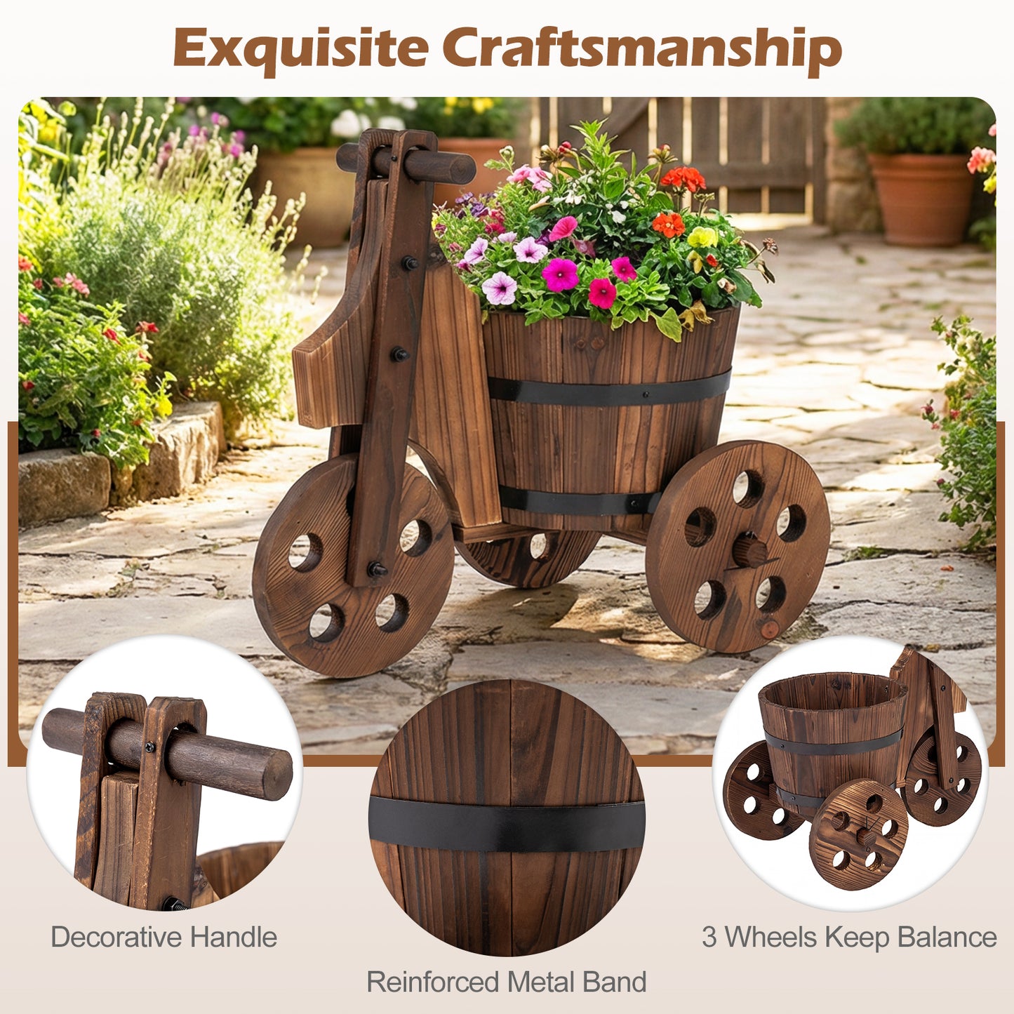 Rustic Wood Tricycle Planter Barrel Flower Pot Cart with Drainage Hole, Coffee Raised Garden Beds at Gallery Canada
