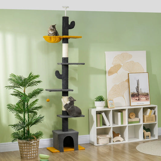 Adjustable Cat Tree Tower, 90.5"-108", Scratching Posts, Hammock, Condo, Dark Grey Floor to Ceiling Cat Trees Dark Grey, Cream White at Gallery Canada