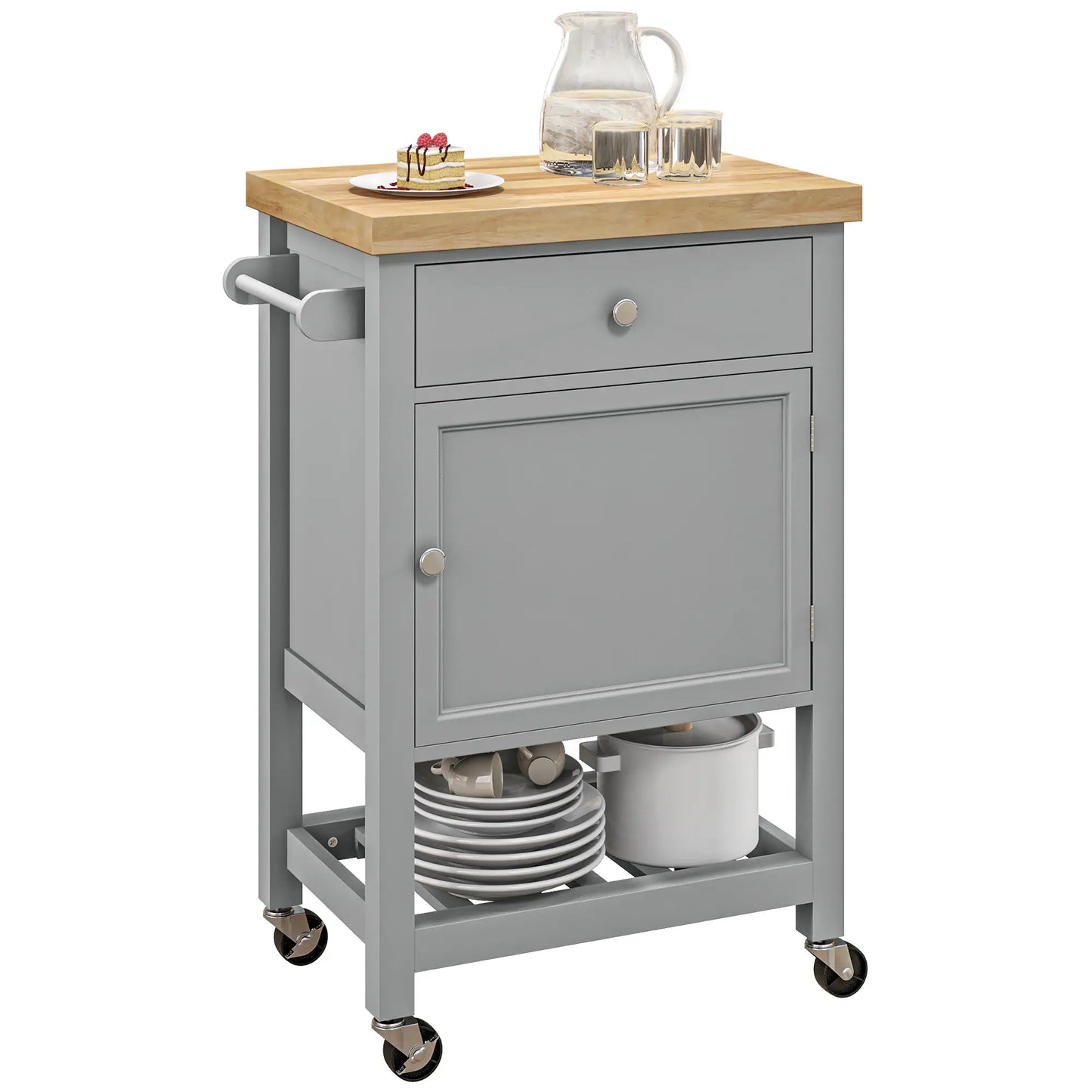 Kitchen Cart on Wheels, Wood Top, Towel Rack, Drawer, Shelf, Grey Kitchen Islands & Kitchen Carts at Gallery Canada