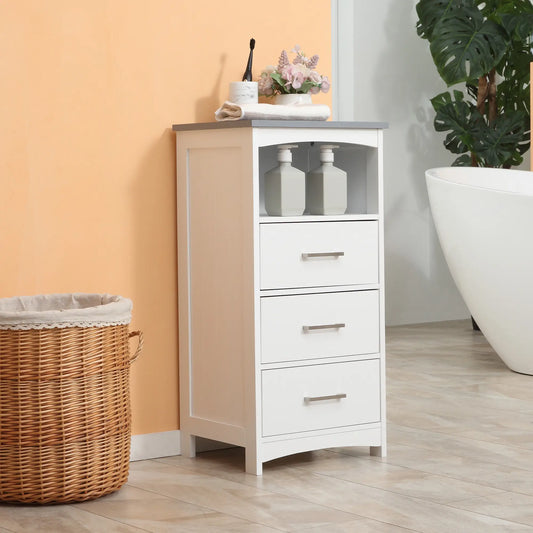 Small Bathroom Storage Cabinet, 3 Drawers, Open Shelf, White Bathroom Cabinets White, Grey at Gallery Canada