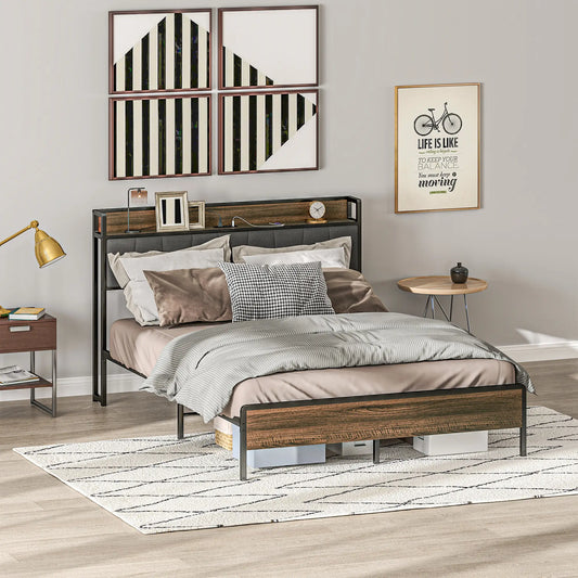 Queen Size Bed Frame, Upholstered Headboard, Storage Shelf, Walnut Bedroom Furniture Walnut, Black, Grey at Gallery Canada