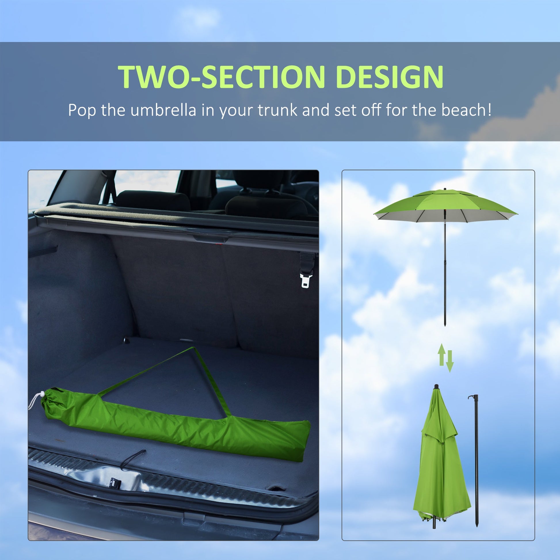6.6ft Arced Beach Umbrella Angle Adjustable Patio Umbrella w/ Steel Frame, Carry Bag, UV30+ Outdoor Umbrella, Green at Gallery Canada