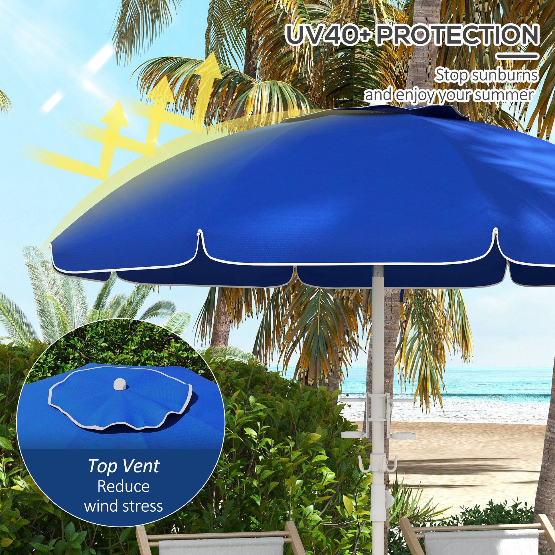 5.7' Beach Umbrella for Travel with Tilt, Adjustable Height, 2 Cup Holders, Hook, Vent, Ruffles, Sapphire Blue at Gallery Canada