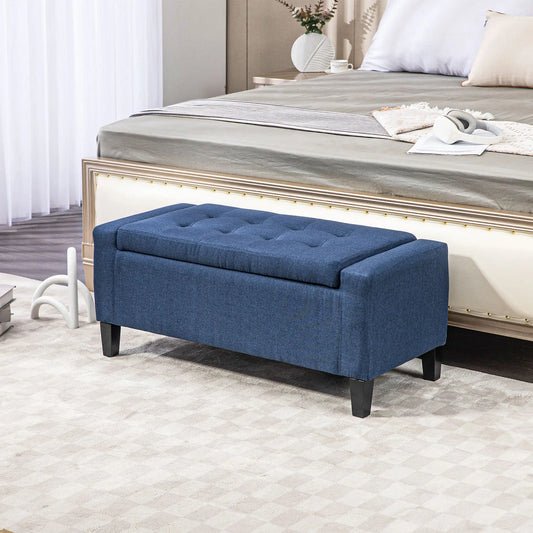 Storage Ottoman Bench, Linen Upholstered, Tufted, Dark Blue Storage Ottomans & Benches Dark Blue at Gallery Canada
