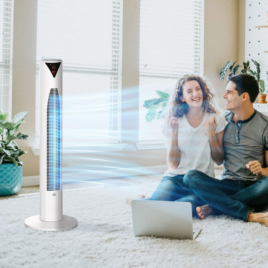 Freestanding Tower Fan, 3 Speed, 12h Timer, Oscillating, LED Panel, Remote, White Tower Fans White at Gallery Canada