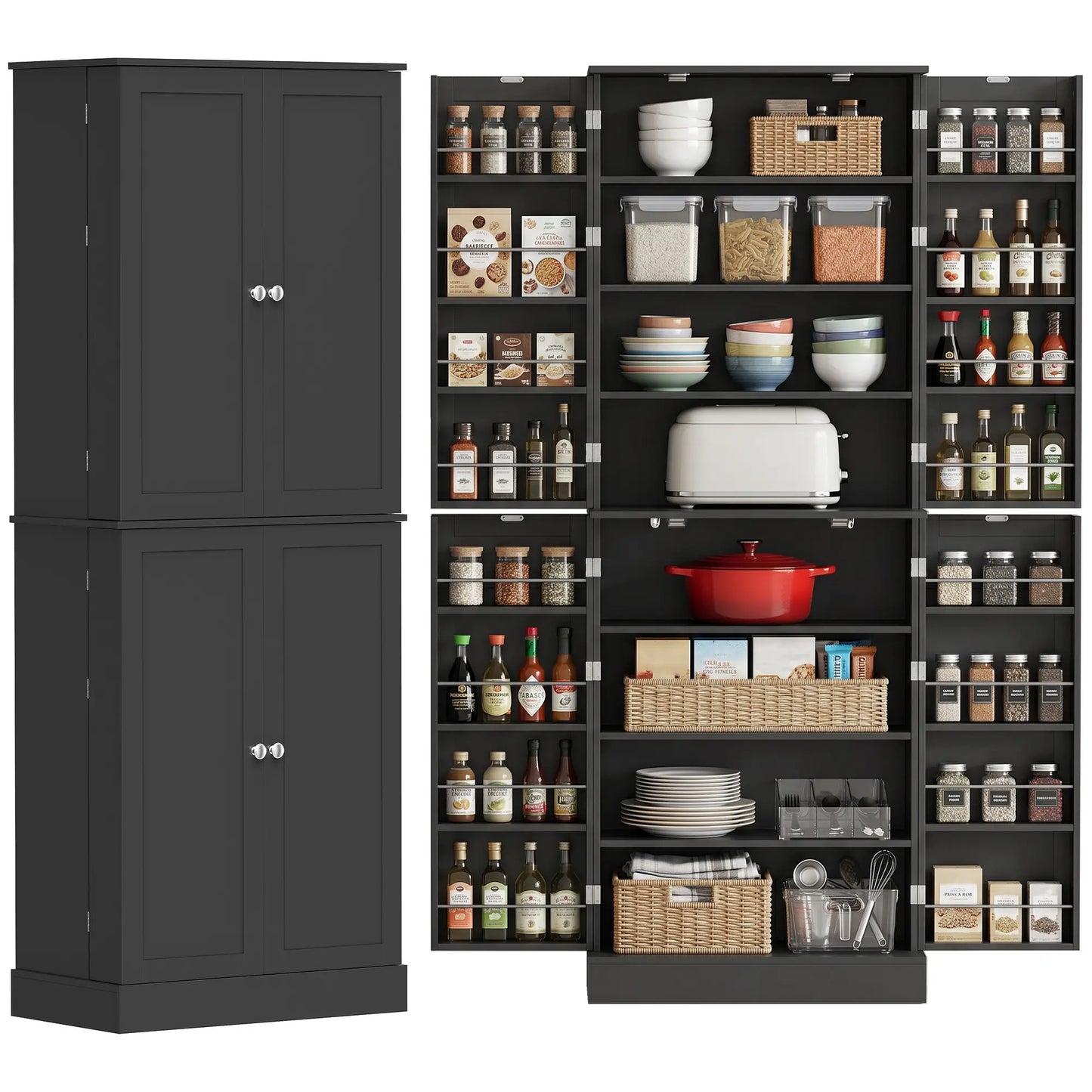 65" Kitchen Cabinet, Pantry With 4 Doors, 16 Shelves, Black Kitchen Pantry Cabinets at Gallery Canada
