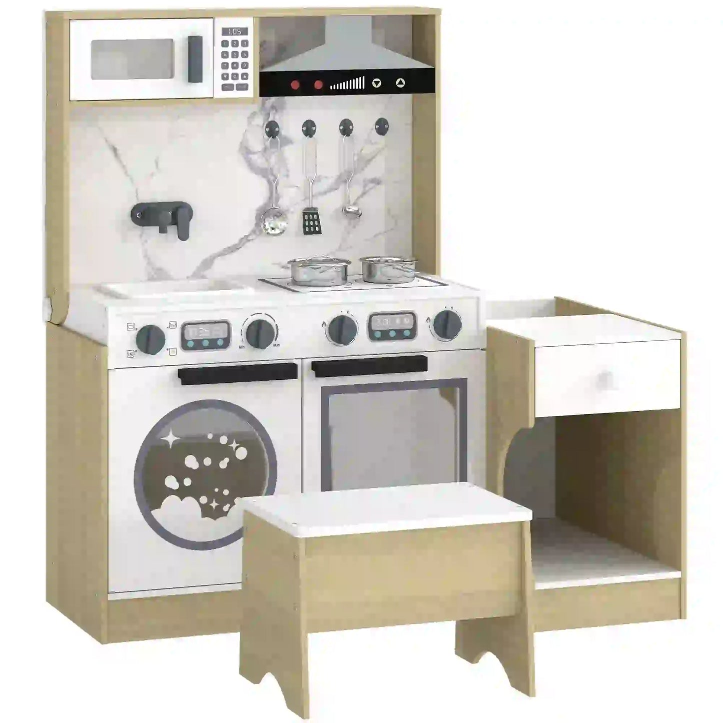 2-In-1 Kids Kitchen Playset, Table & Chair with Sink, Oven, Microwave, 3-8