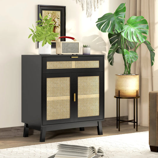 Boho Sideboard Cabinet, Rattan Doors, Black