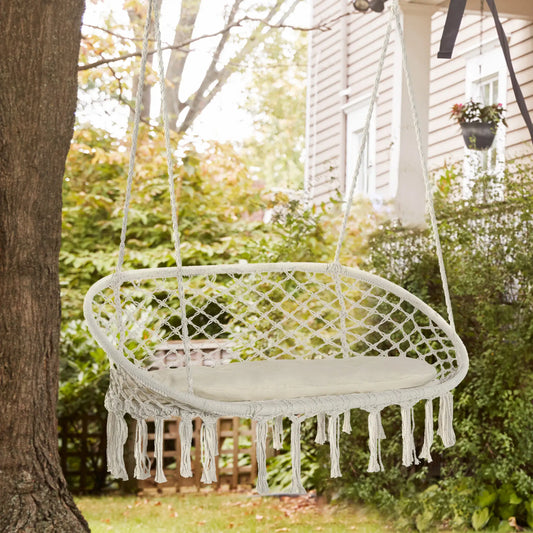Hammock Chair, 2 Seat, Hanging Rope Swing with Cushion, Large, Cream White Patio Swings with Stand Cream at Gallery Canada