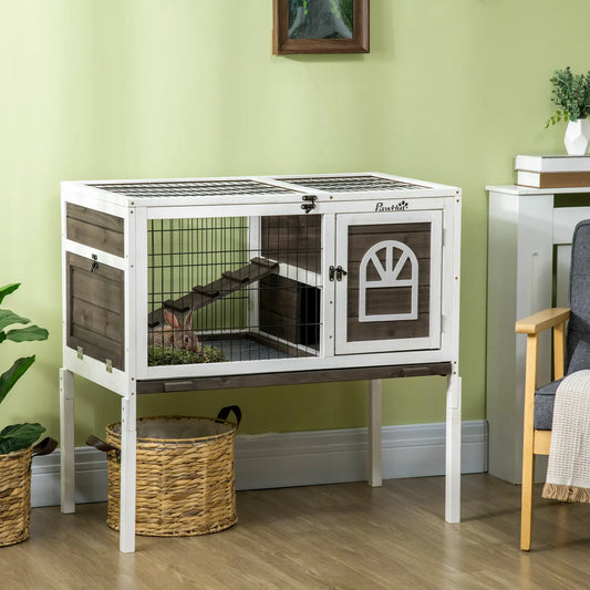 Rabbit Hutch Dual Height Bunny House, Slide Out Tray, White Coffee, White