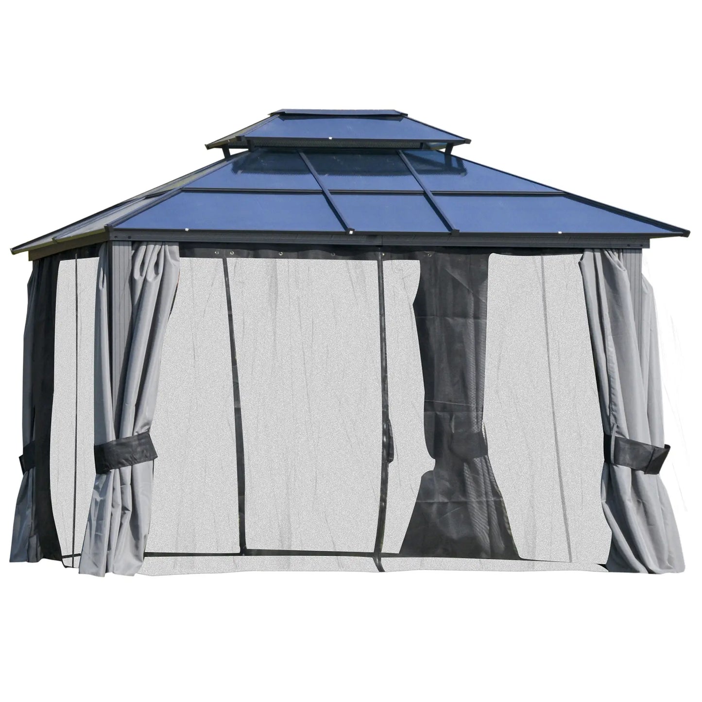 10'x12' Hardtop Gazebo With Double Tier Roof, Curtains, Netting, Black & Grey Gazebos at Gallery Canada