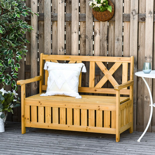 Wooden Outdoor Storage Bench, 2-Person Patio Bench, Louvered Side Panels, X-Shape Back, Yellow Patio Chairs Yellow at Gallery Canada