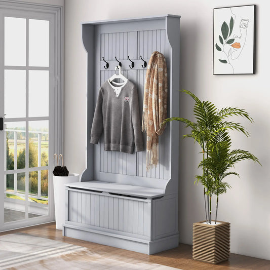 3-In-1 Entryway Hall Tree, Coat Rack, Bench, Shoe Storage, 5 Hooks, Grey Clothing Storage Grey at Gallery Canada