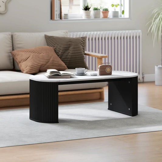 Modern Marble-Effect Coffee Table, Round Corners, Thicken Legs, Black