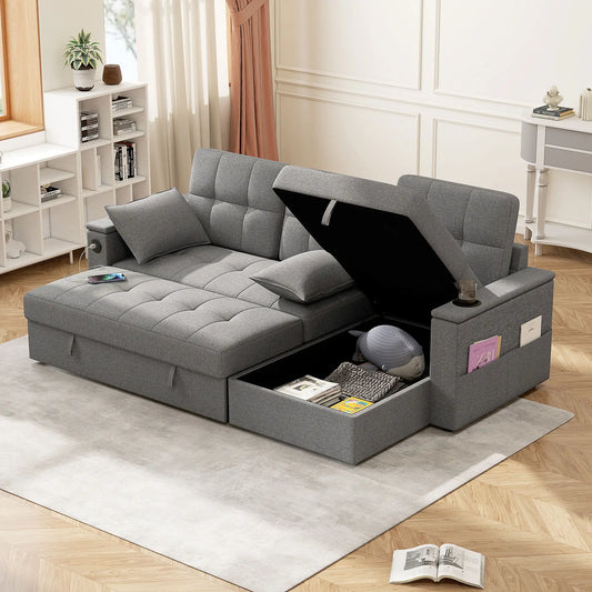 Convertible Sectional Sofa Bed, Pull Out Sleeper with USB, Chaise Storage, Grey Sofas & Reclining Chairs Dark Grey at Gallery Canada