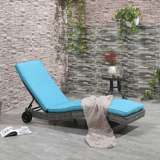 Adjustable Wicker Chaise Lounge Chair with Cushion, Wheels, Sky Blue Chaise Loungers Sky Blue at Gallery Canada