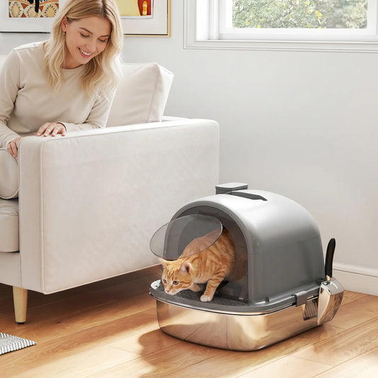 Enclosed Stainless Steel Litter Box with Scoop, Handle, Stainless Steel Cat Litter Box Enclosures Dark Grey, Silver at Gallery Canada
