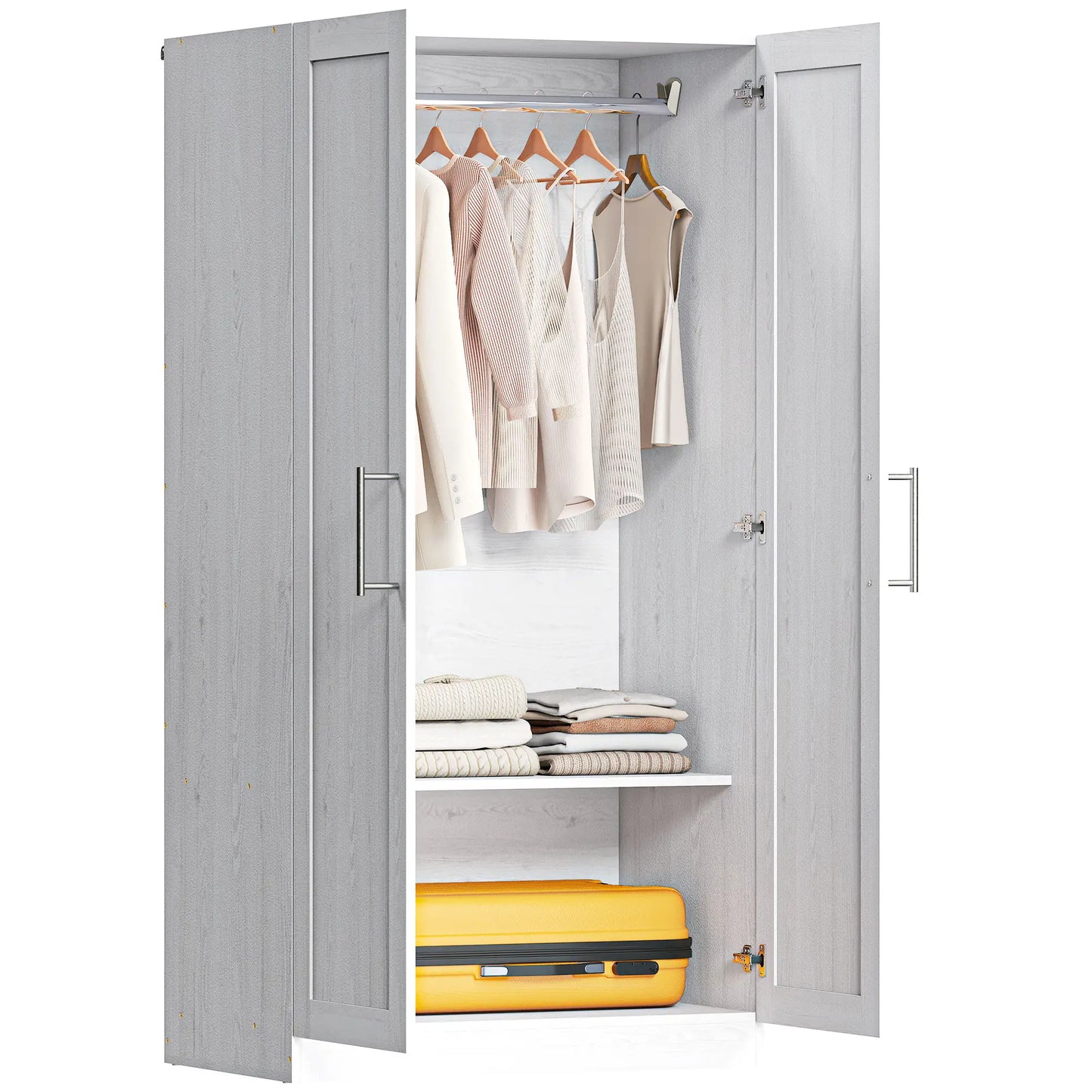 White Wood Effect Wardrobe Cabinet, 2 Doors With Hanging Rod, White