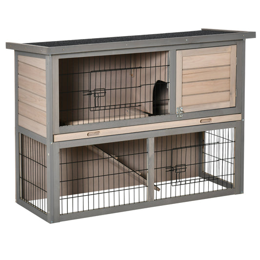 2-tier Wooden Rabbit Hutch Backyard Bunny Cage Habitat Small Animal House w/ Ramp, Slide Out Tray and Outdoor Run, Grey - Gallery Canada