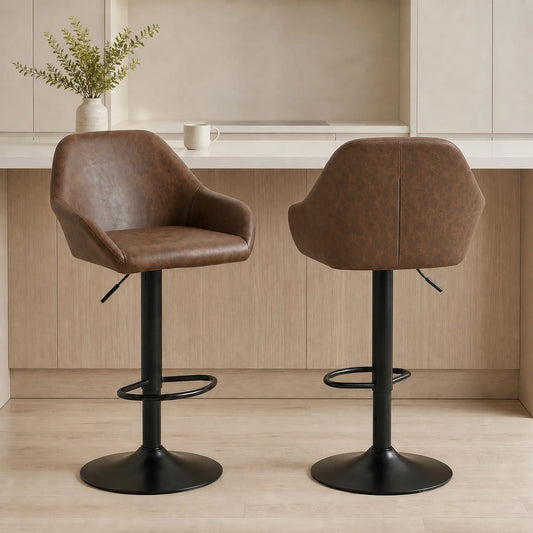 Adjustable Swivel Bar Stools Set of 2, PU Leather with Footrest, Coffee Bar Stools Coffee, Black at Gallery Canada