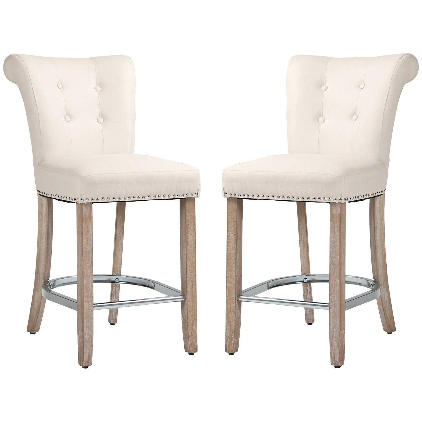 Upholstered Counter Height Bar Stools, Set of 2, Wood Legs, Cream White Bar Stools at Gallery Canada