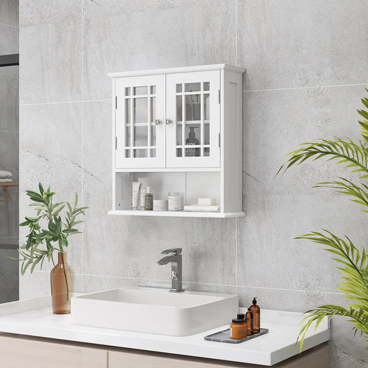 Modern Wall Mount Bathroom Cabinet, Storage Organizer with 2 Door Cabinet and Open Shelf, White Wall Mounted Cabinets White at Gallery Canada