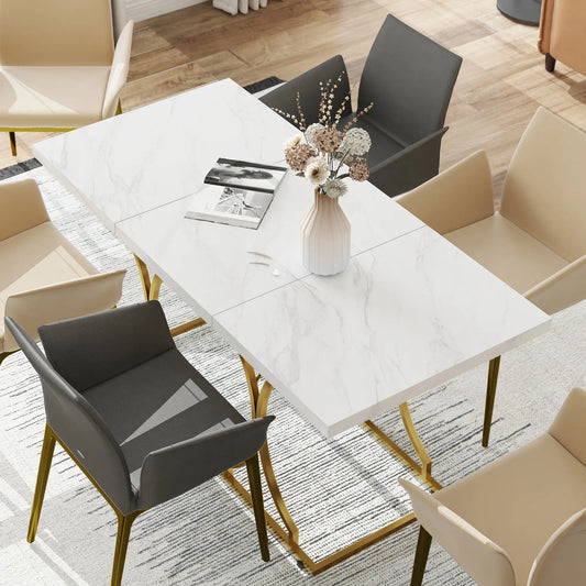 59-Inch Dining Table for 6, Modern Marble-Pattern, White Dining Tables White at Gallery Canada