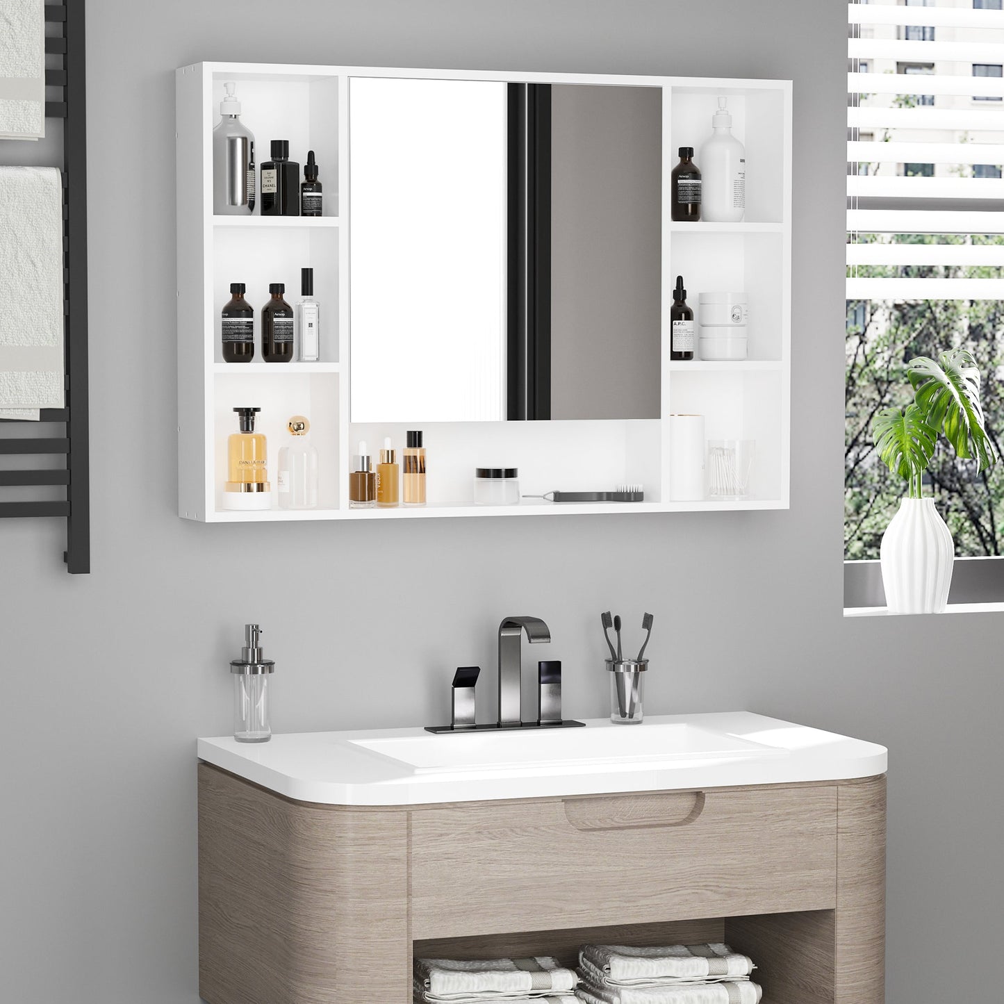Wall Mounted Medicine Cabinet, 39.25"W x 27.5"H Bathroom Mirror Cabinet with Single Mirrored Door, Shelves and Storage Cupboard, White at Gallery Canada