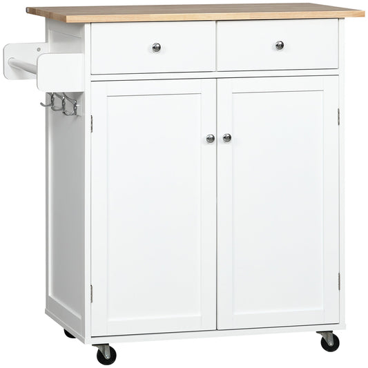 Rolling Kitchen Island with Storage, Kitchen Cart with Rubber Wood Top, Adjustable Shelf, Towel Rack, Hooks and Storage Drawers, White - Gallery Canada