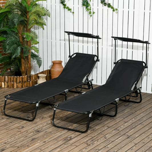 2 Piece Folding Chaise Lounges, Reclining Back, Sunshade, Black Lounger Chairs Black Fabric, Black Matte Frame at Gallery Canada