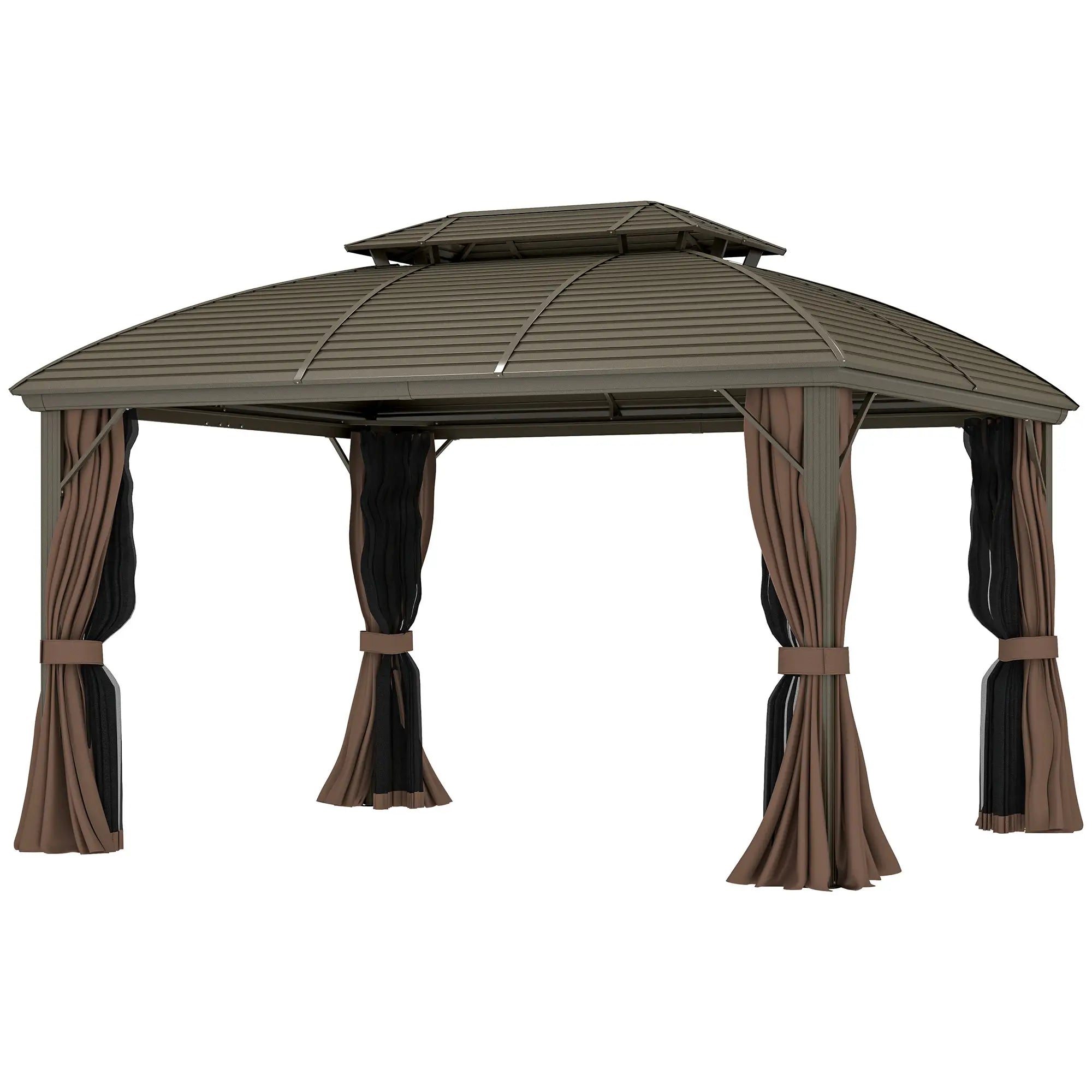 10' x 12' Hardtop Gazebo, Double Roof, Netting, Curtains, Garden, Backyard Gazebos Bronze, Coffee, Black at Gallery Canada