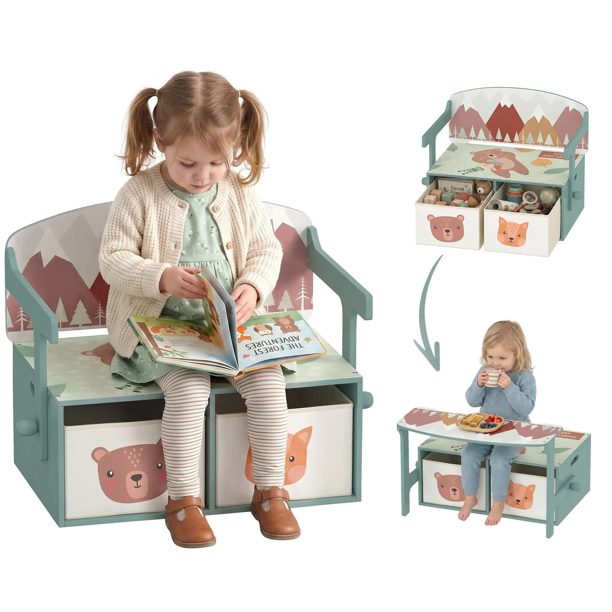 3-in-1 Wooden Toy Storage Bench, 2 Drawers, Green Baby & Kids Storage at Gallery Canada