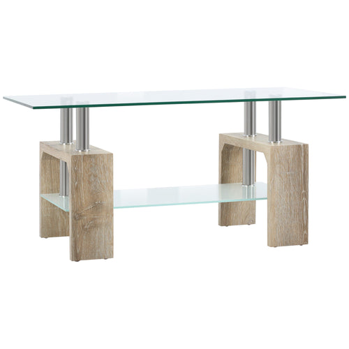 Rectangle Glass Coffee Table, 2-Tier Center Table with Tempered Glass Top and Storage Shelf for Living Room, Natural