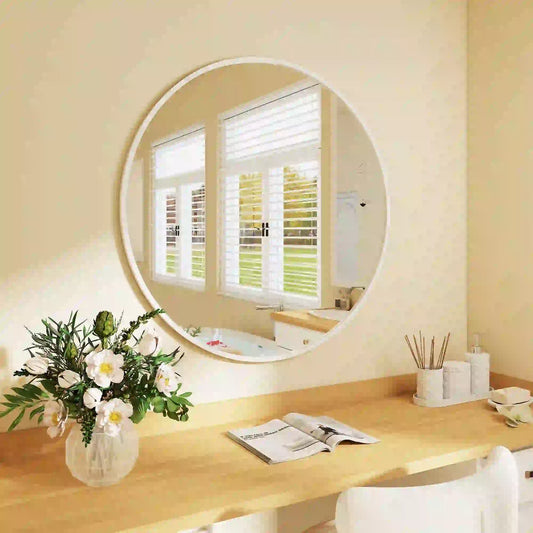 36" Round Mirror, Metal Frame, Bathroom Wall Mirror, White