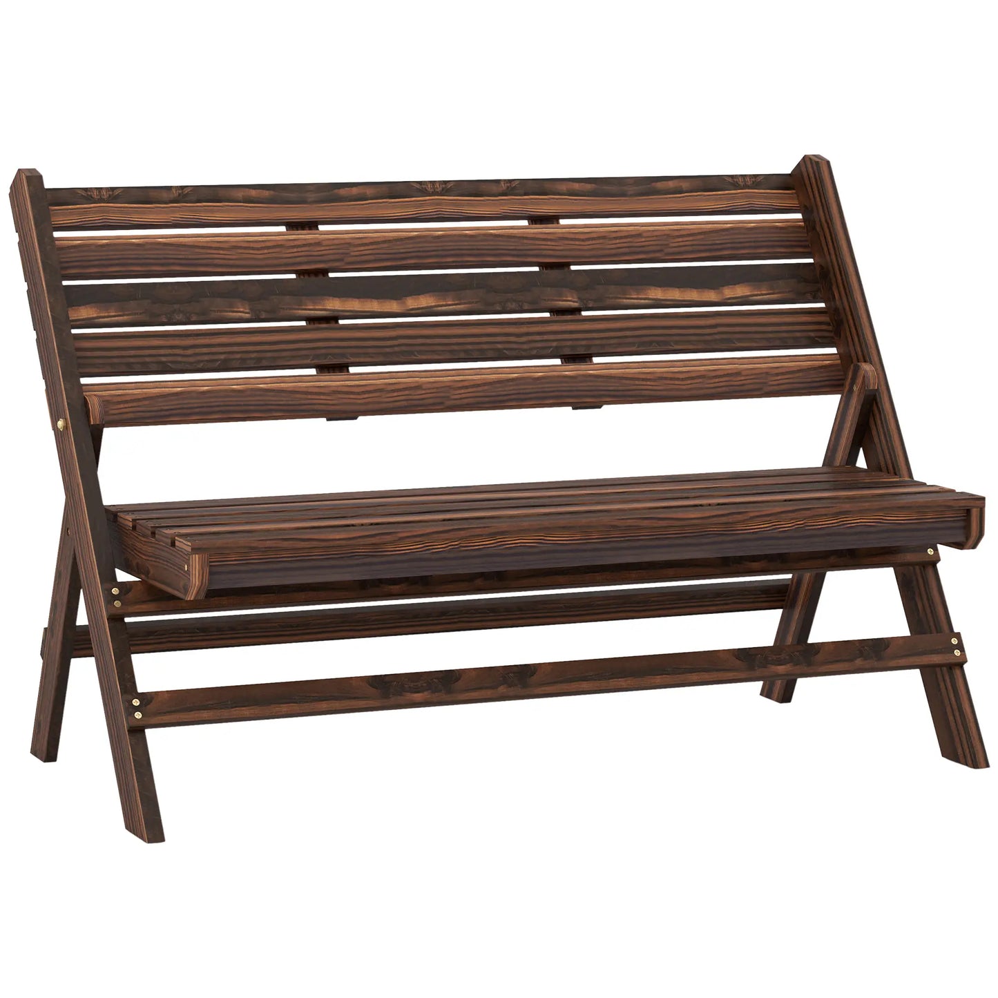 2-Seater Wooden Outdoor Bench, Foldable, Slatted Backrest, Carbonised Finish Outdoor Benches at Gallery Canada