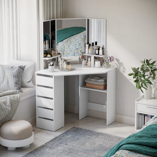 Corner Dressing Table, Makeup Desk with Mirror, 5 Drawers, White Dressing & Vanity Tables White at Gallery Canada