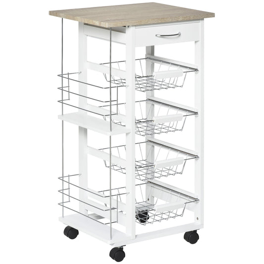 Rolling Kitchen Cart, Utility Storage Cart with 4 Baskets, Drawer, Side Racks, Wheels for Dining Room, Natural and White at Gallery Canada