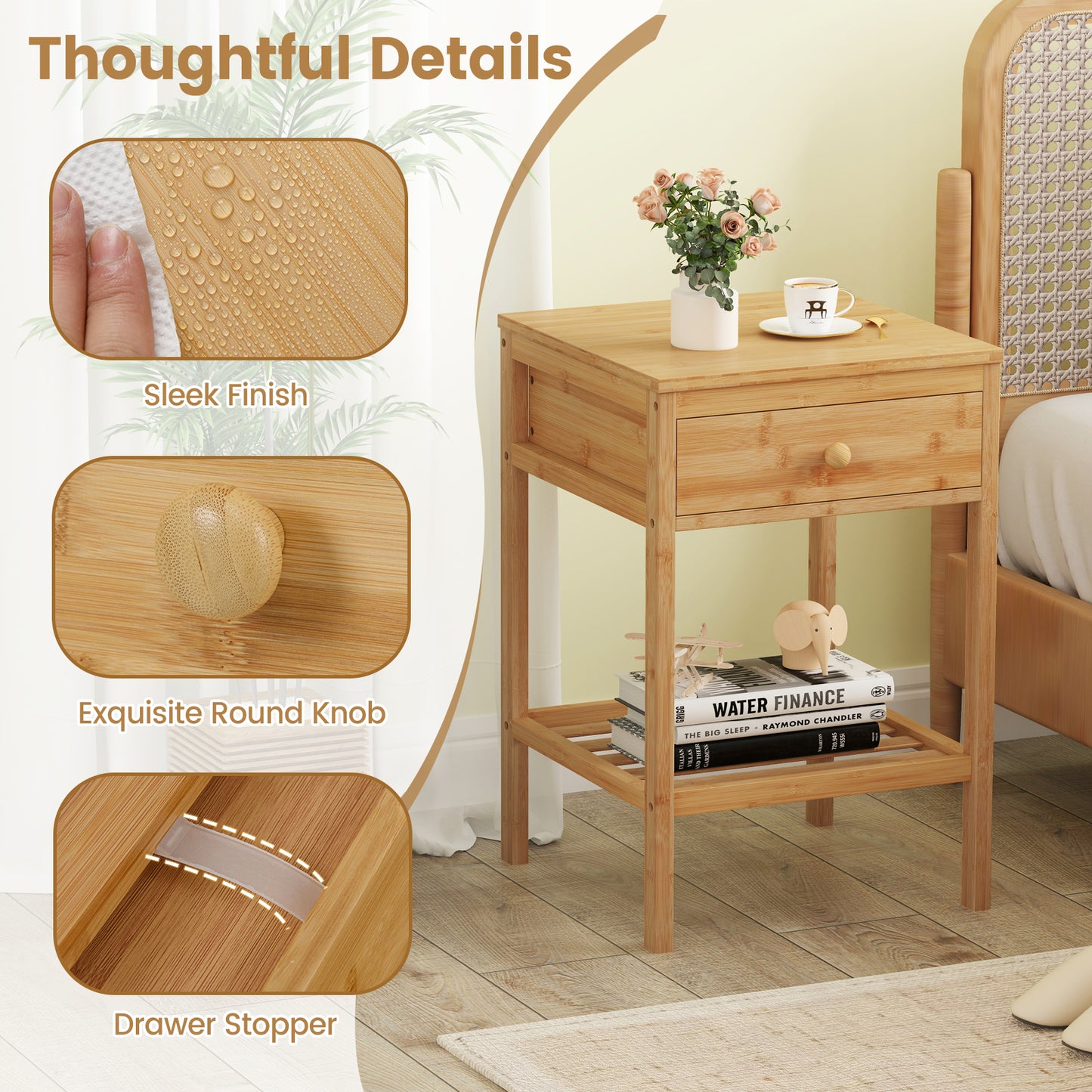 Bamboo Nightstand, 1/2 Size, Storage Drawer, Open Shelf Nightstands at Gallery Canada