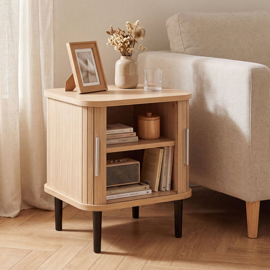 Fluted Nightstand, Sliding Doors, Adjustable Shelf, Natural Nightstands Natural at Gallery Canada