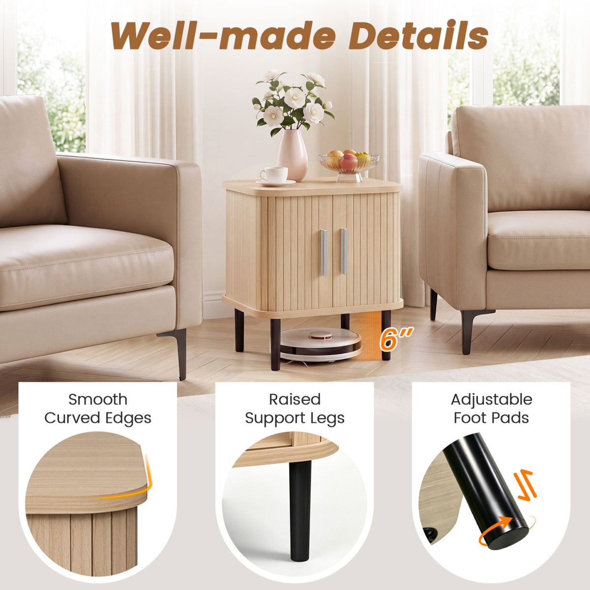 Fluted Nightstand, Sliding Doors, Adjustable Shelf, Natural Nightstands at Gallery Canada