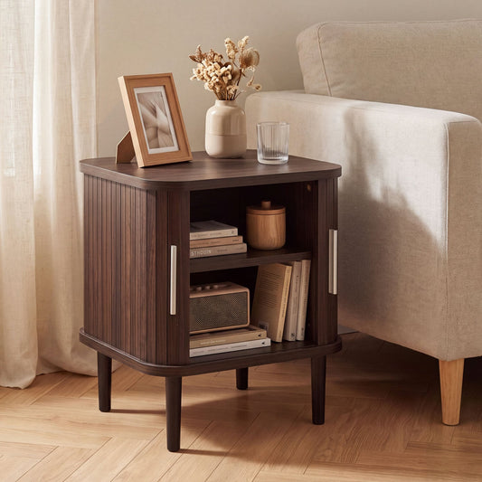1 Fluted Nightstand, Sliding Doors, Adjustable Shelf, Walnut Nightstands Walnut at Gallery Canada