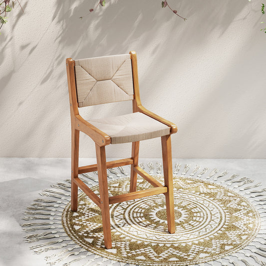 Set of 1 Outdoor Counter Height Bar Stool Woven Paper Rope Patio Barstool with Teak Wood Frame Patio Bar Furniture Options at Gallery Canada