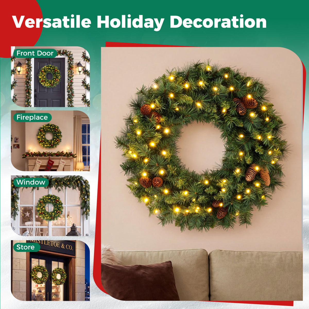 2 Pack 24 Inch Pre-Lit Artificial Christmas Wreath, Battery Operated